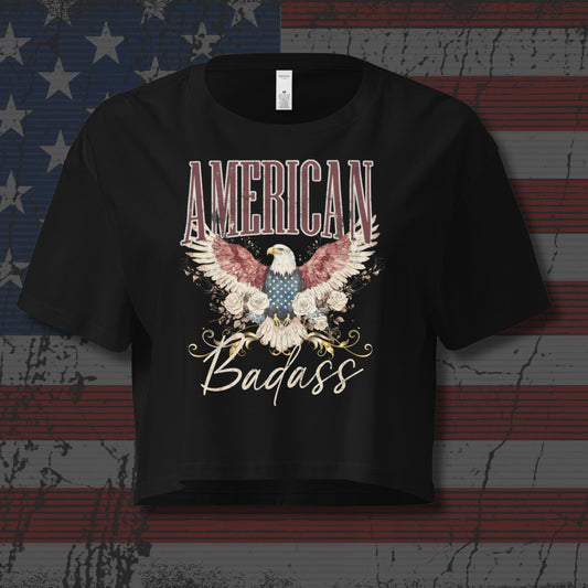 Black t-shirt with 'American Badass' design featuring an eagle on a distressed American flag background.