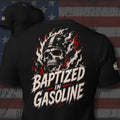 Baptized in Gasoline flaming biker skull design back print black tee from Infidel Collective