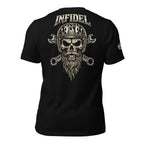 Black Bearded Wrencher Biker Infidel tee with large back print featuring bearded skull wearing motorcycle helmet and crossed wrenches