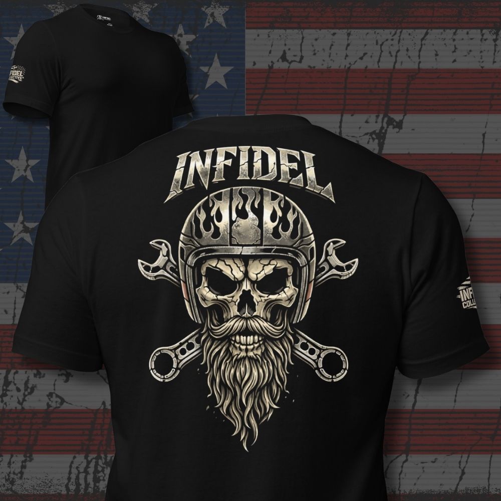 Black Bearded Wrencher Biker Infidel tee with large back print featuring bearded skull wearing motorcycle helmet and crossed wrenches