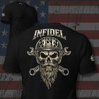 Black Bearded Wrencher Biker Infidel tee with large back print featuring bearded skull wearing motorcycle helmet and crossed wrenches