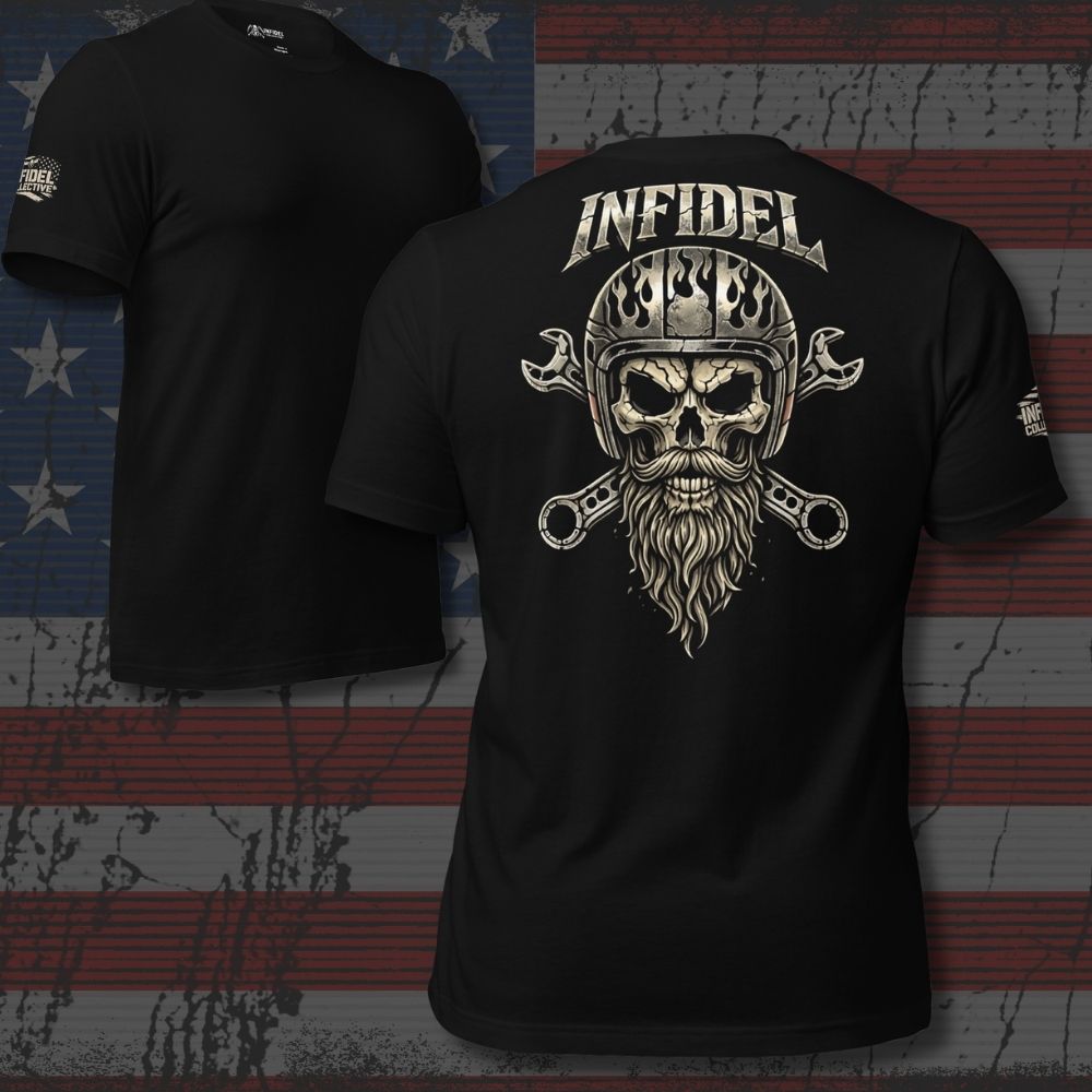 Black t-shirt with skull and crossbones design and 'Infidel' text on an American flag background