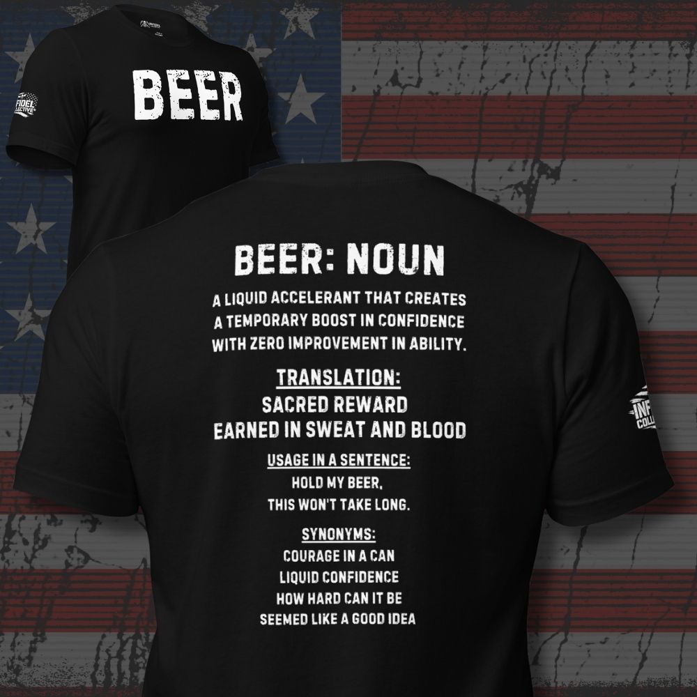 Black front-and-back tee featuring Beer on the front and a humorous beer definition graphic on the back