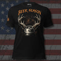 Beer Season keg with deer antlers design front print black tee from Infidel Collective