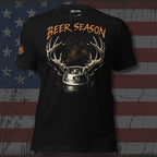 Black tee with Beer Season front print featuring a beer keg with deer antlers and distressed hunting-themed artwork