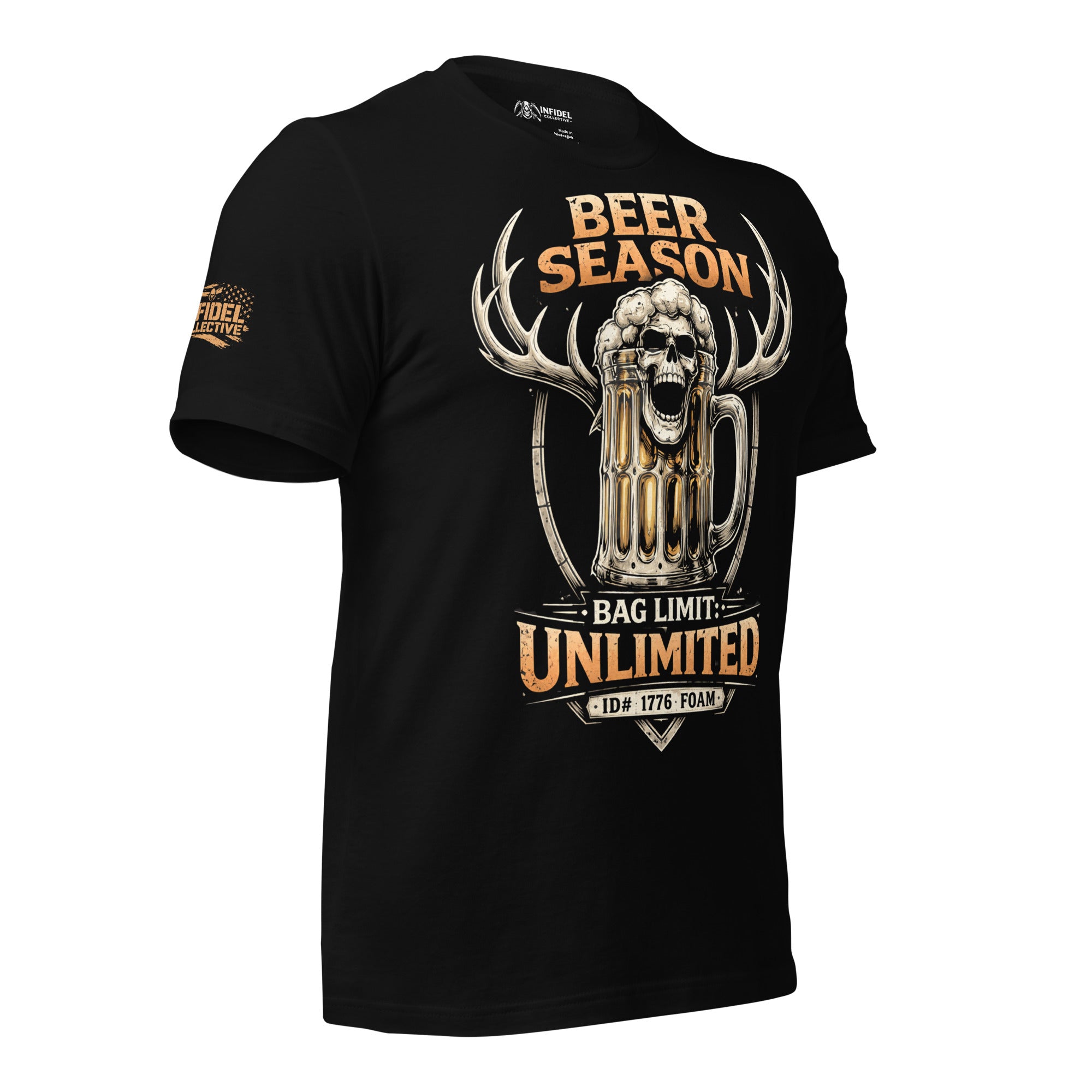 Black tee with Beer Season Bag Limit Unlimited front print featuring a beer mug with skull foam head, deer antlers, and vintage hunting-style artwork
