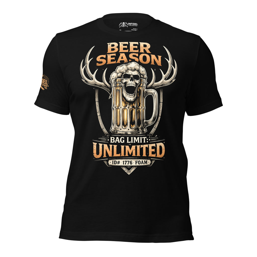 Black tee with Beer Season Bag Limit Unlimited front print featuring a beer mug with skull foam head, deer antlers, and vintage hunting-style artwork