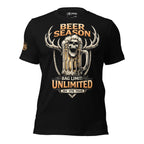 Black tee with Beer Season Bag Limit Unlimited front print featuring a beer mug with skull foam head, deer antlers, and vintage hunting-style artwork