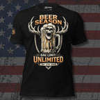 Black tee with Beer Season Bag Limit Unlimited front print featuring a beer mug with skull foam head, deer antlers, and vintage hunting-style artwork