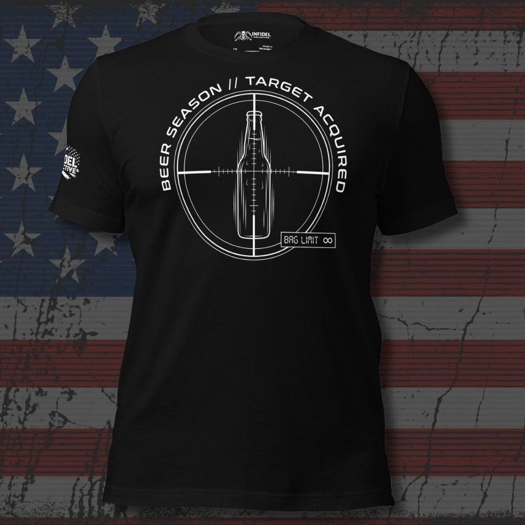 Black t-shirt with a graphic design on an American flag background