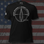 Black t-shirt with a graphic design on an American flag background