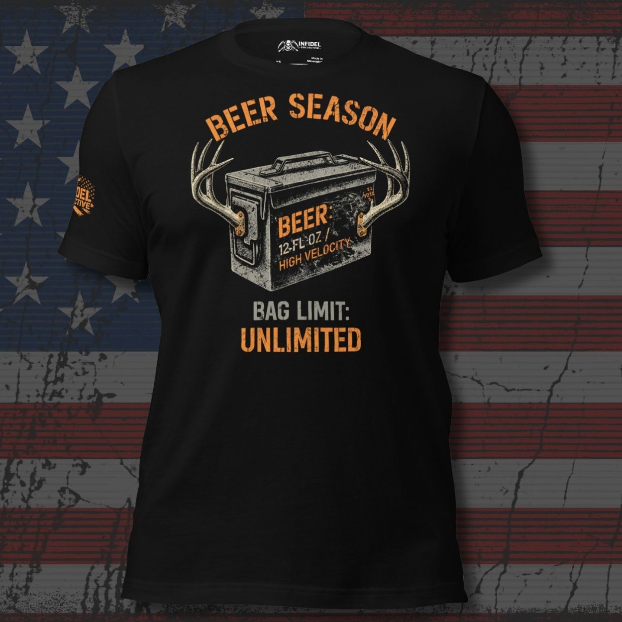 Black tee with Beer Season Bag Limit Unlimited front print featuring a beer case with deer antlers and distressed orange and white lettering