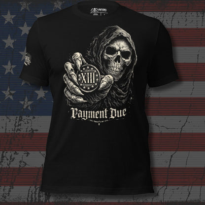 Black t-shirt with a skull design and 'Payment Due' text on an American flag background