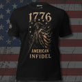 1776 bald eagle with Betsy Ross stars and American Infidel text front print black tee from Infidel Collective
