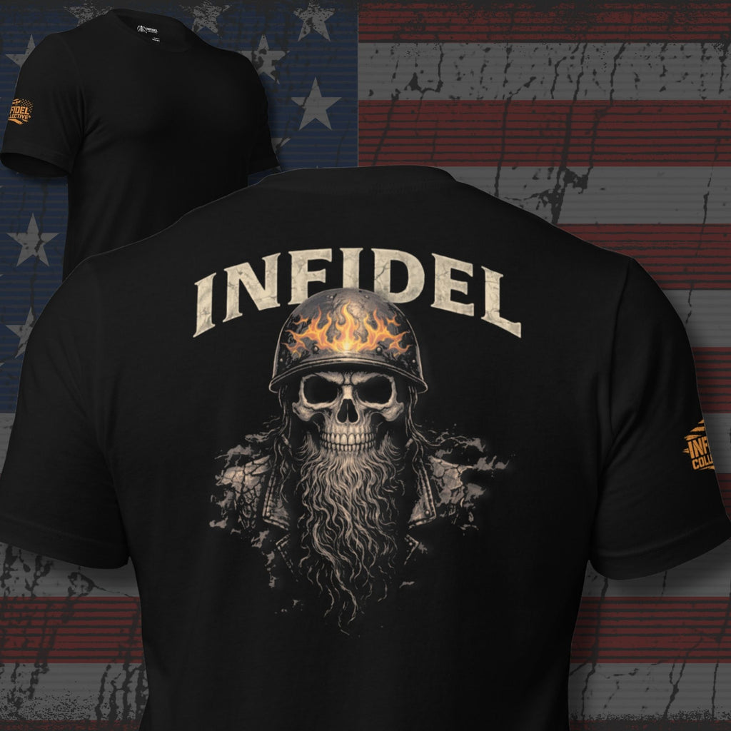 Infidel Biker Skull back print black tee from Infidel Collective