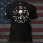 Black t-shirt with skull and mechanical design on an American flag background