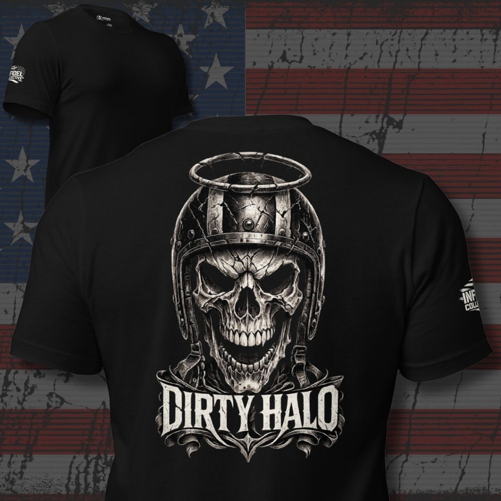 Dirty Halo biker skull back print black tee from Infidel Collective