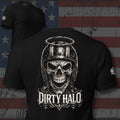 Dirty Halo grinning biker skull in a helmet design back print black tee from Infidel Collective