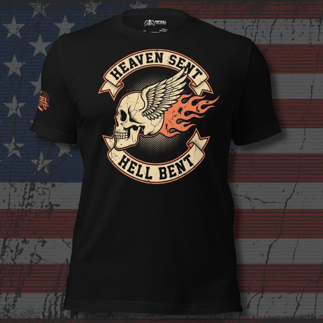 Hell Bent biker skull wing graphic black tee from Infidel Collective