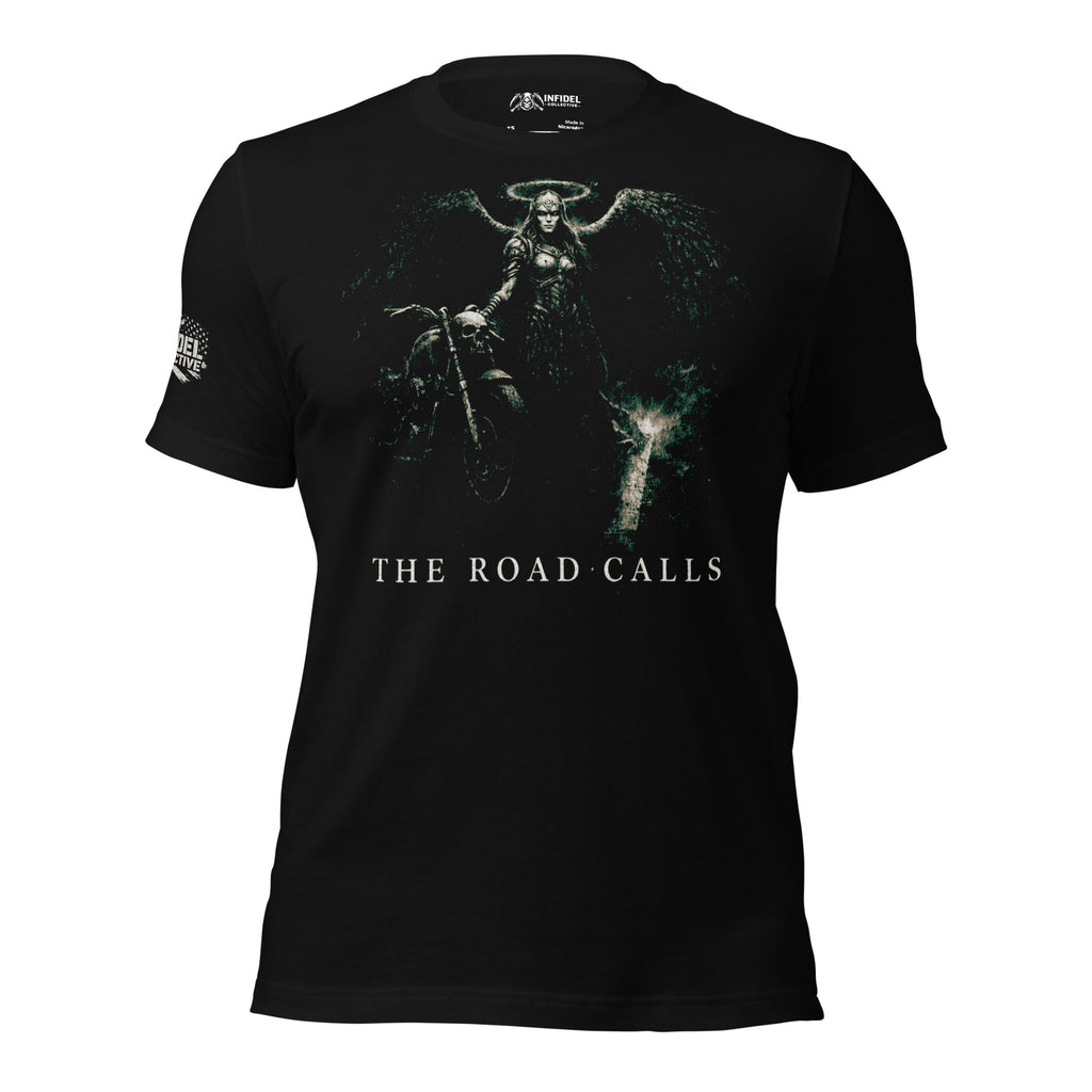 Biker’s Angel Calls winged angel road call graphic black tee from Infidel Collective