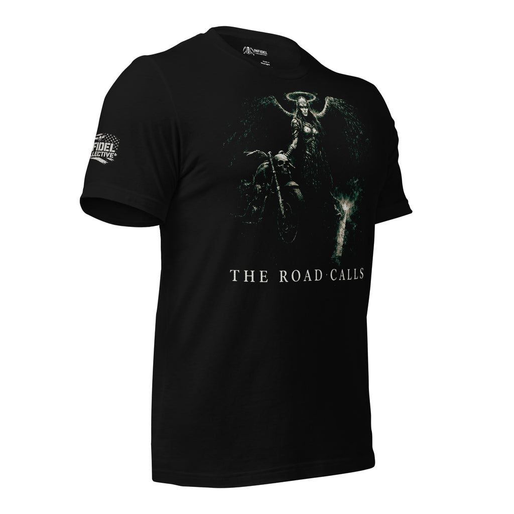Biker’s Angel Calls winged angel road call graphic black tee from Infidel Collective