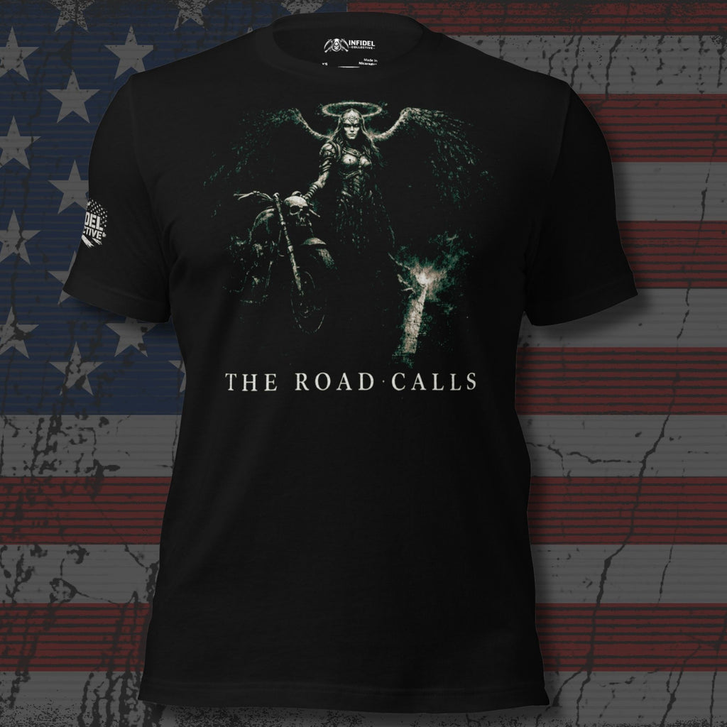 Biker’s Angel Calls winged angel road call graphic black tee from Infidel Collective