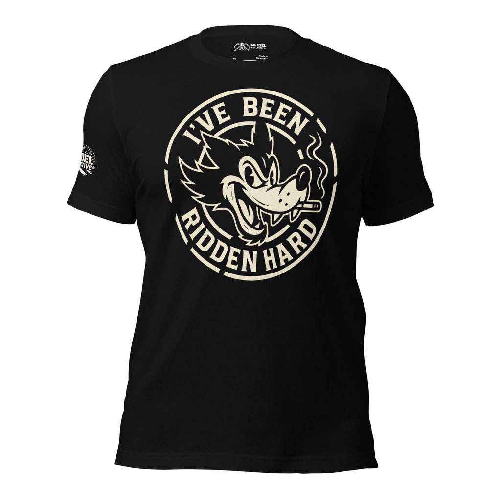I’ve Been Ridden Hard wolf graphic black tee from Infidel Collective