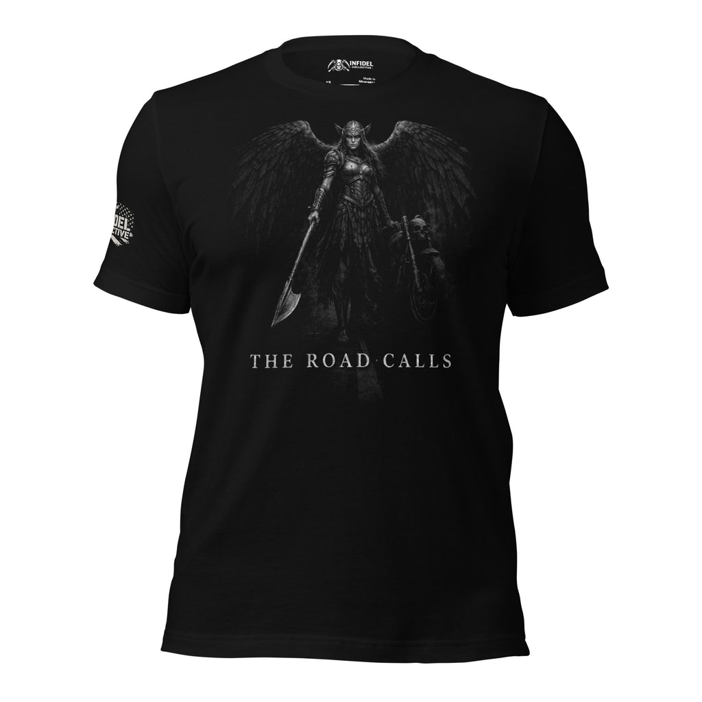 Biker’s Valkyrie Calls winged Valkyrie road call graphic black tee from Infidel Collective