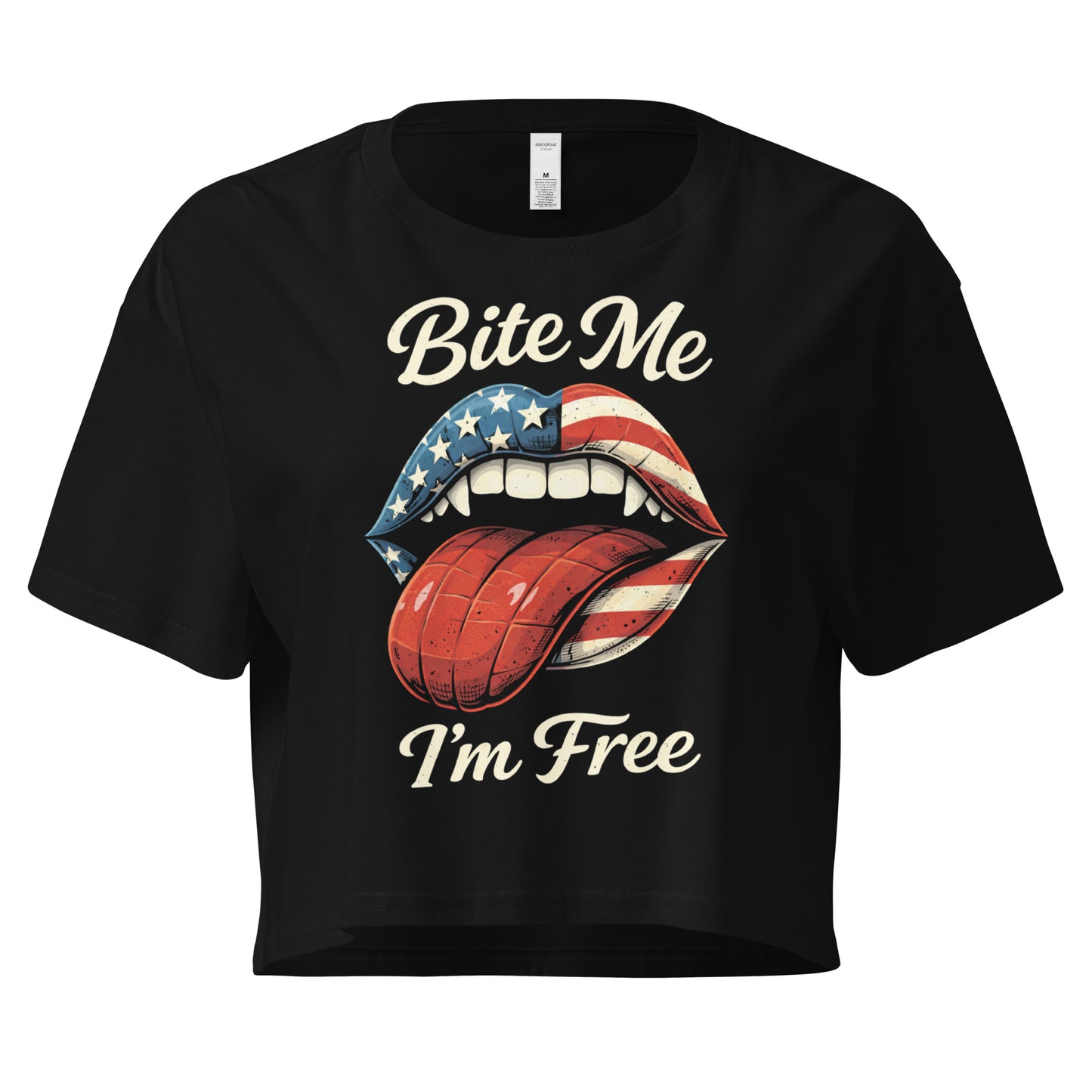 Black t-shirt with graphic design and text 'Bite Me I'm Free' on a white background
