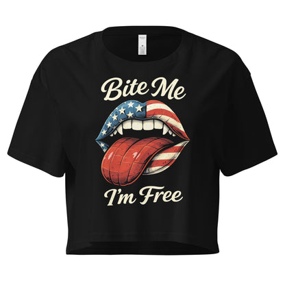 Black t-shirt with graphic design and text 'Bite Me I'm Free' on a white background
