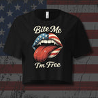 Black t-shirt with graphic design and text on an American flag background
