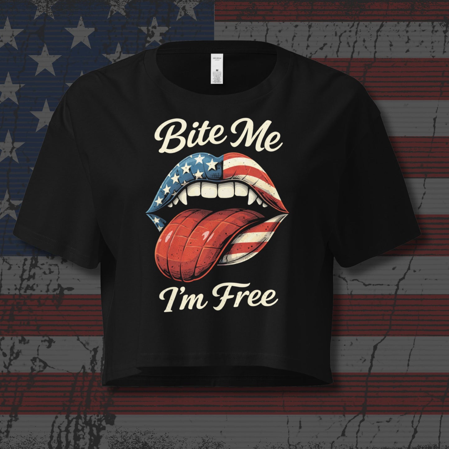 Black t-shirt with graphic design and text on an American flag background