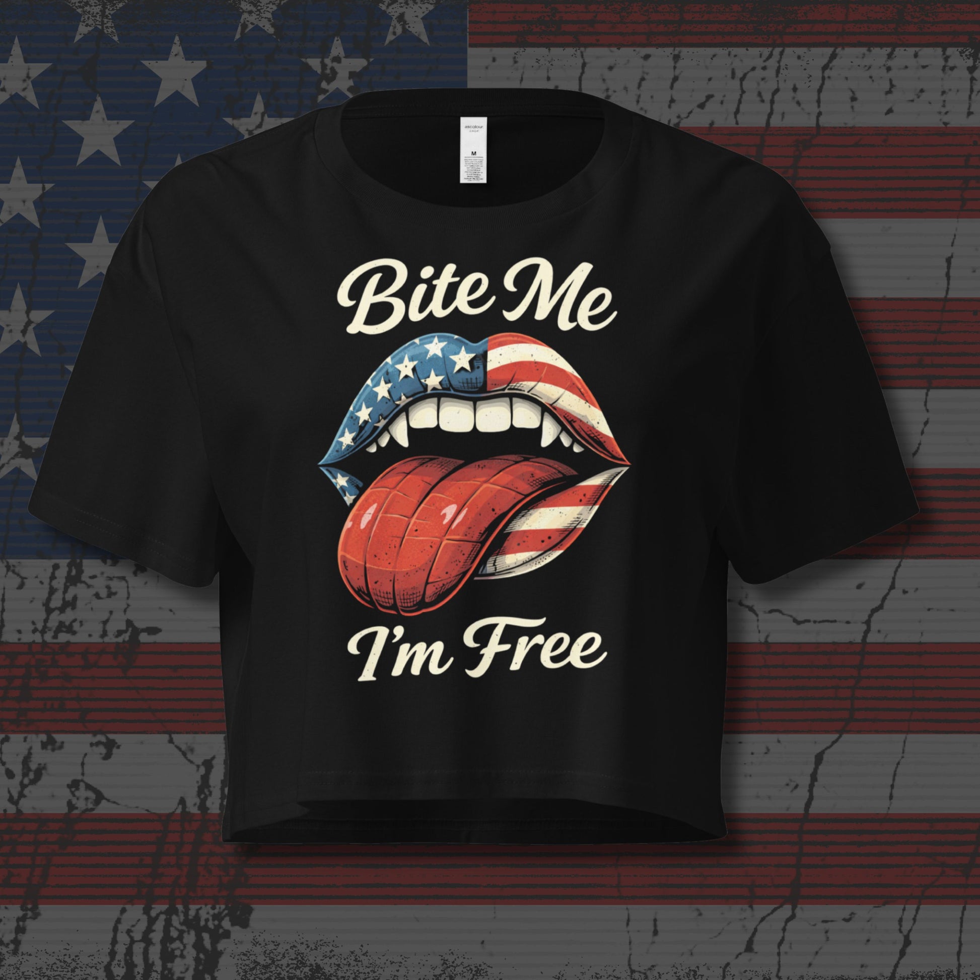 Black t-shirt with graphic design and text on an American flag background