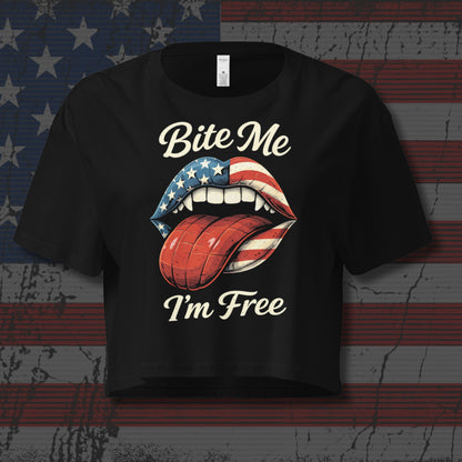 Black t-shirt with graphic design and text on an American flag background