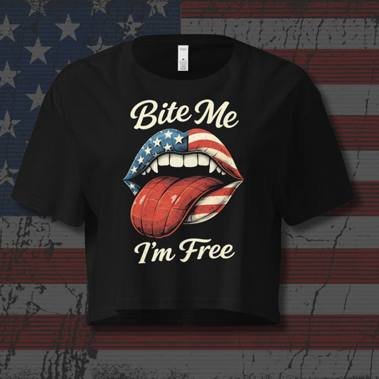 Black t-shirt with graphic design and text on an American flag background