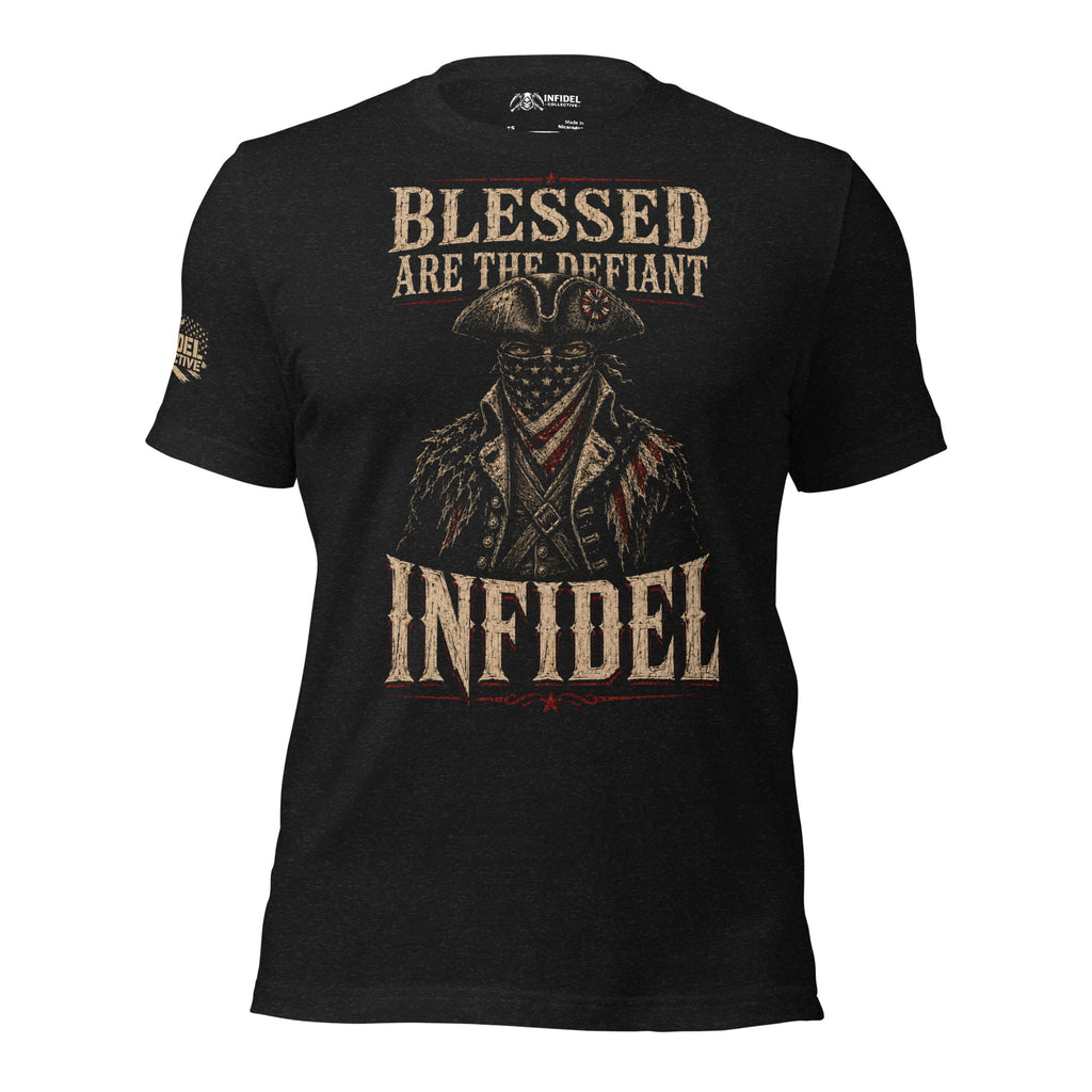 Blessed Are the Defiant Infidel front graphic black tee from Infidel Collective