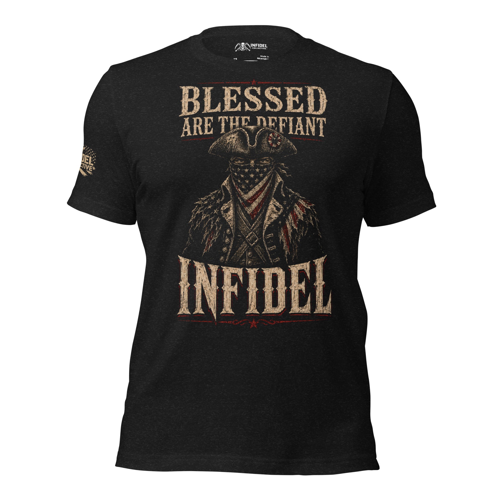Blessed Are the Defiant Infidel front graphic black tee from Infidel Collective