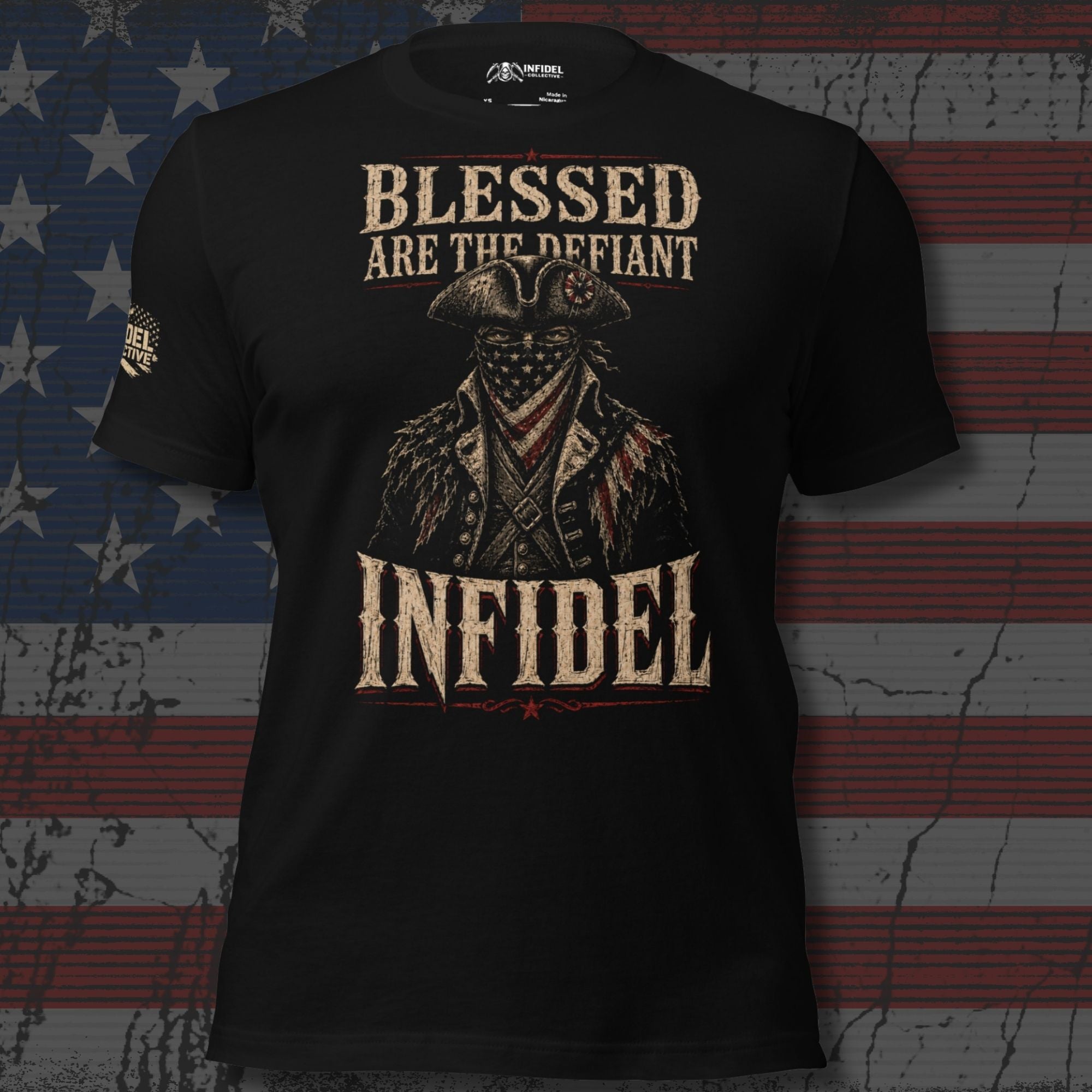 Blessed Are the Defiant Infidel front graphic black tee from Infidel Collective