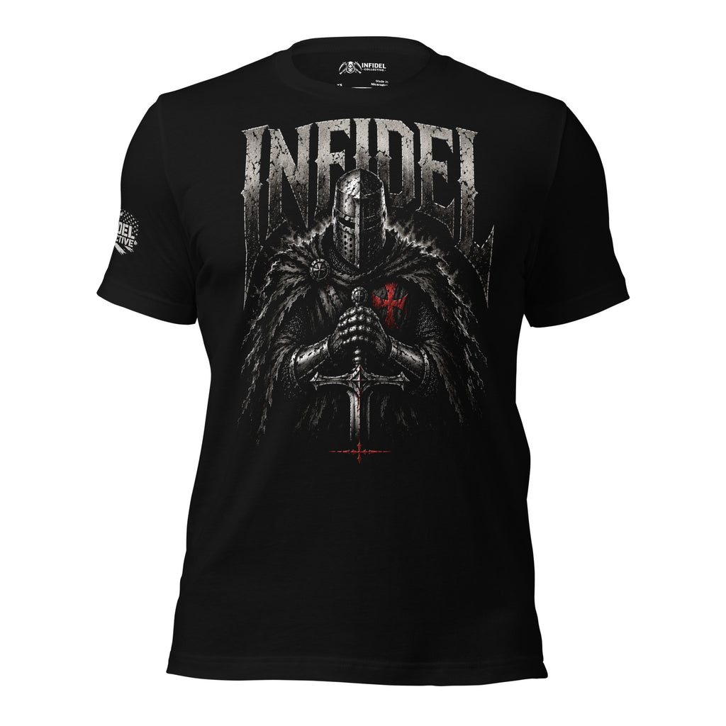 Black Blessed Knight Infidel tee with front print featuring armored knight holding sword in prayer beneath INFIDEL text