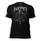 Black Blessed Knight Infidel tee with front print featuring armored knight holding sword in prayer beneath INFIDEL text