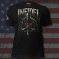 Infidel armored knight with sword and red cross shield design front print black tee from Infidel Collective