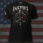 Black Blessed Knight Infidel tee with front print featuring armored knight holding sword in prayer beneath INFIDEL text