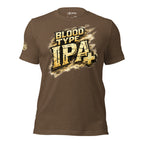Brown front print t-shirt featuring distressed Blood Type IPA Positive beer humor graphic