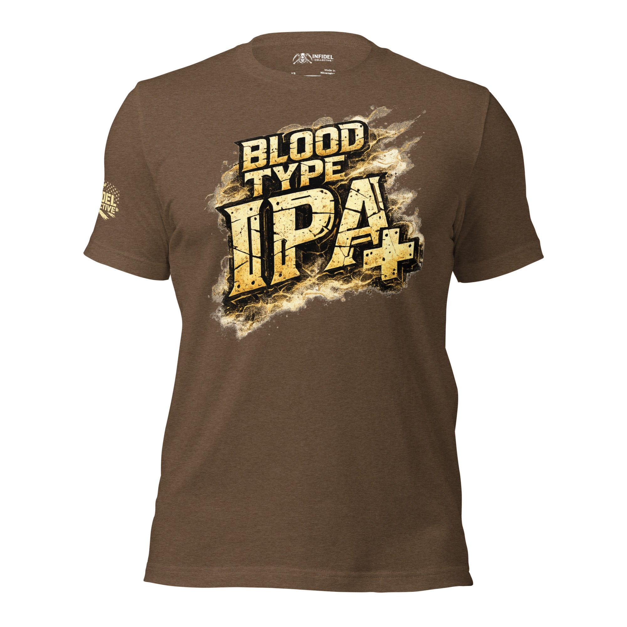 Brown front print t-shirt featuring distressed Blood Type IPA Positive beer humor graphic