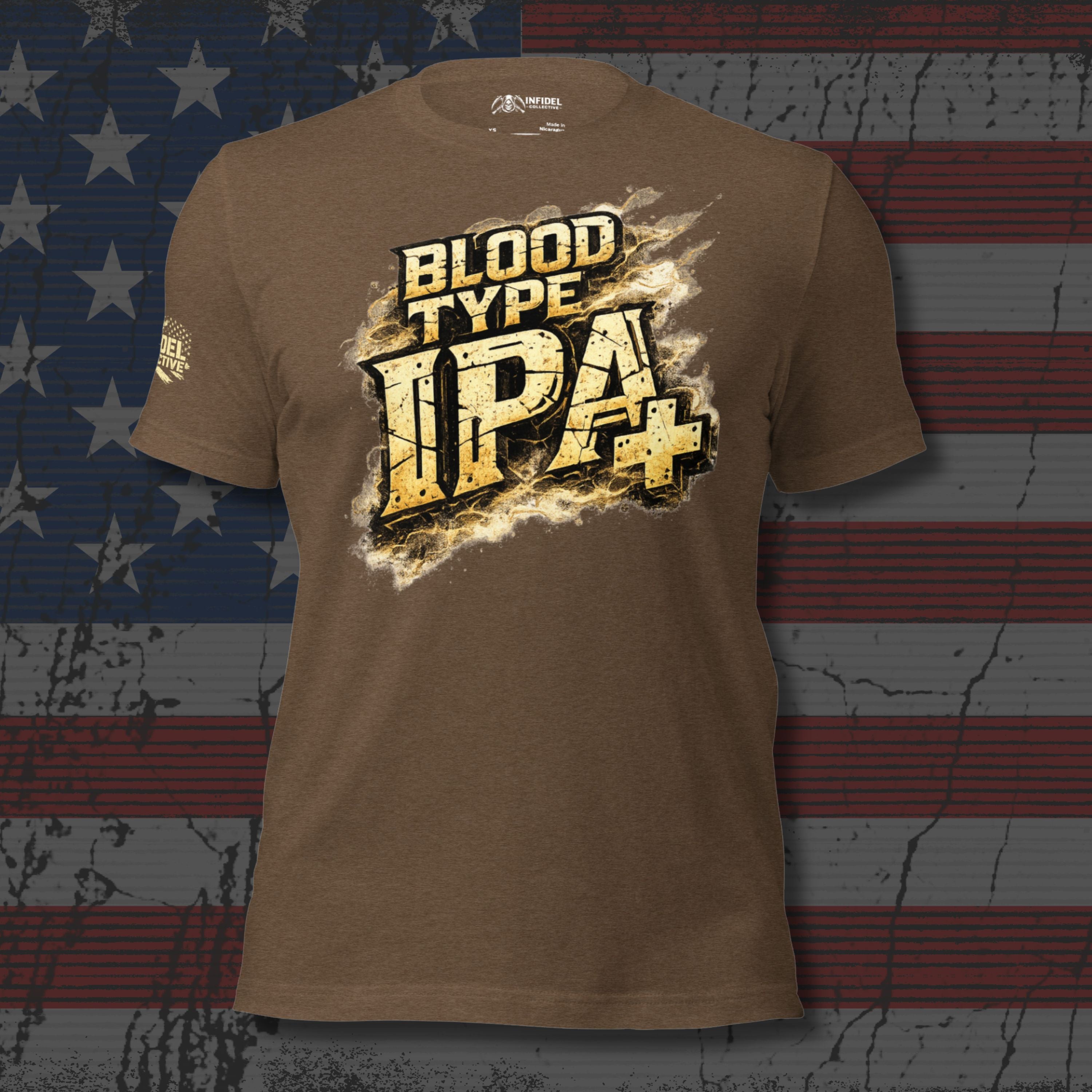 Brown front print t-shirt featuring distressed Blood Type IPA Positive beer humor graphic