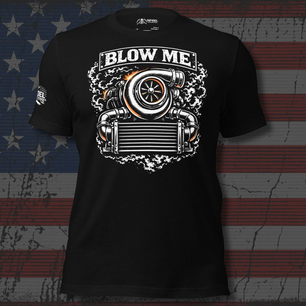 Blow Me blower engine graphic black tee from Infidel Collective