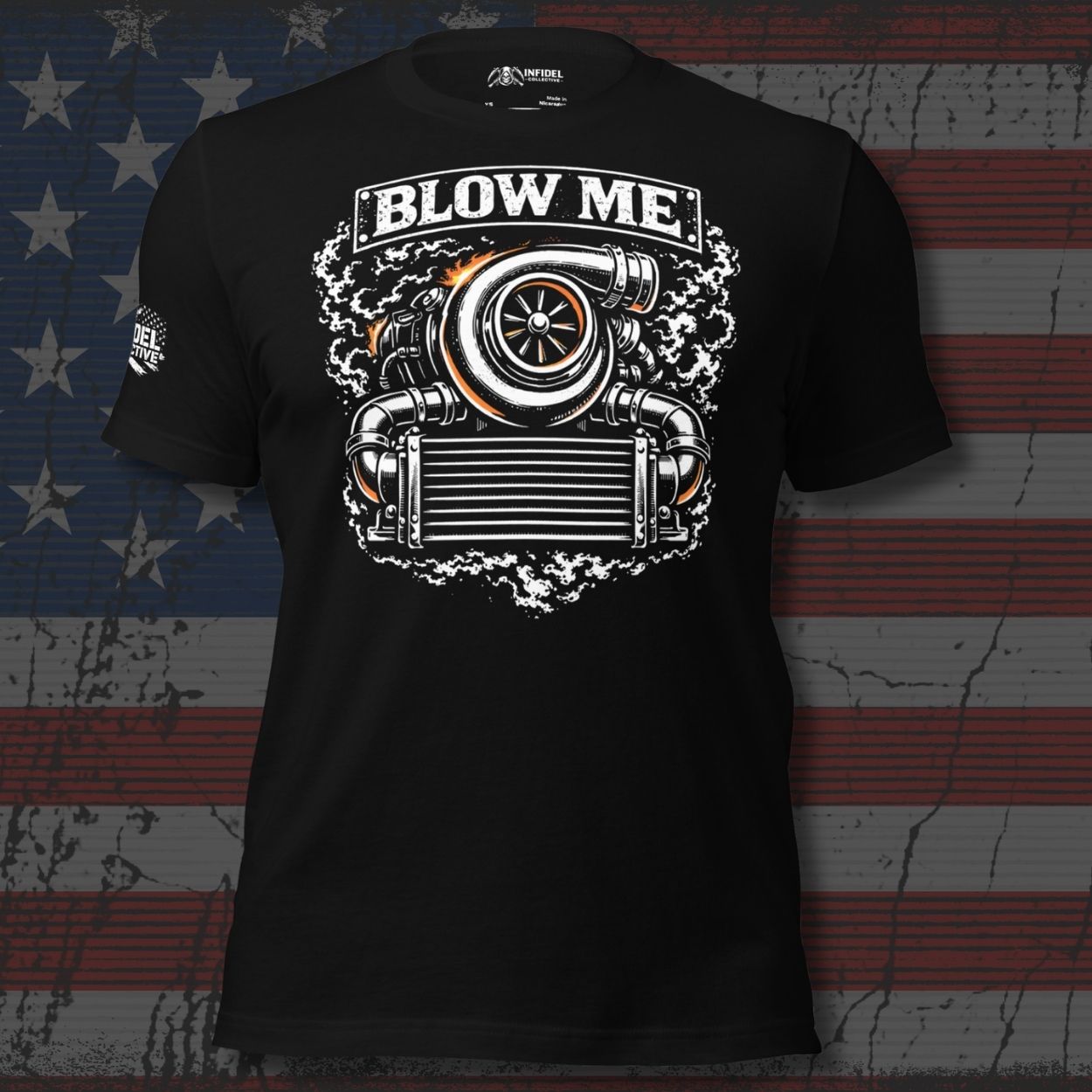 Blow Me blower engine graphic black tee from Infidel Collective