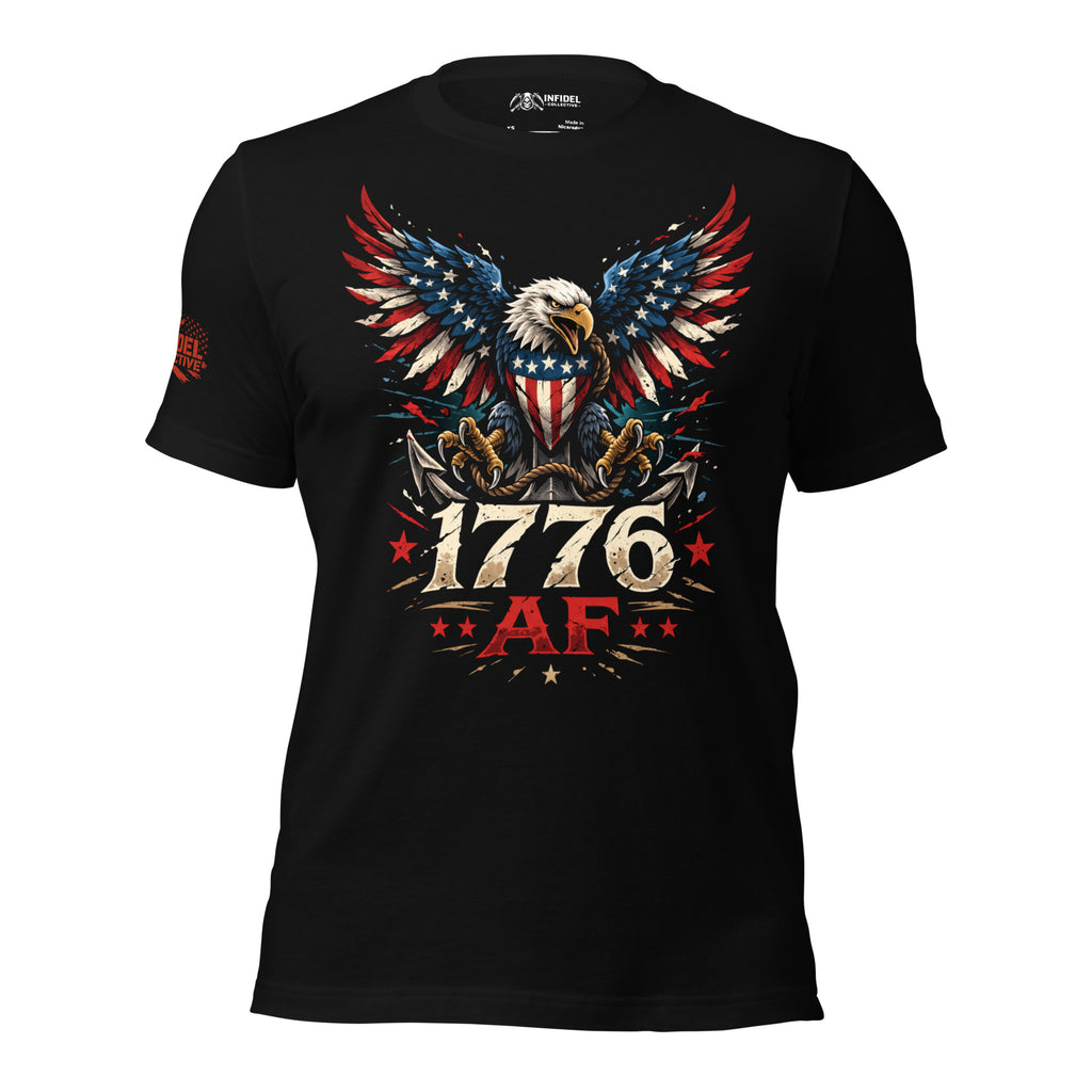 Black t-shirt with an eagle design featuring the number 1776 on a white background