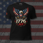 Black t-shirt with an eagle design and '1776 AF' text on a distressed American flag background.