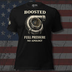 Black t-shirt with turbo graphic and text on an American flag background